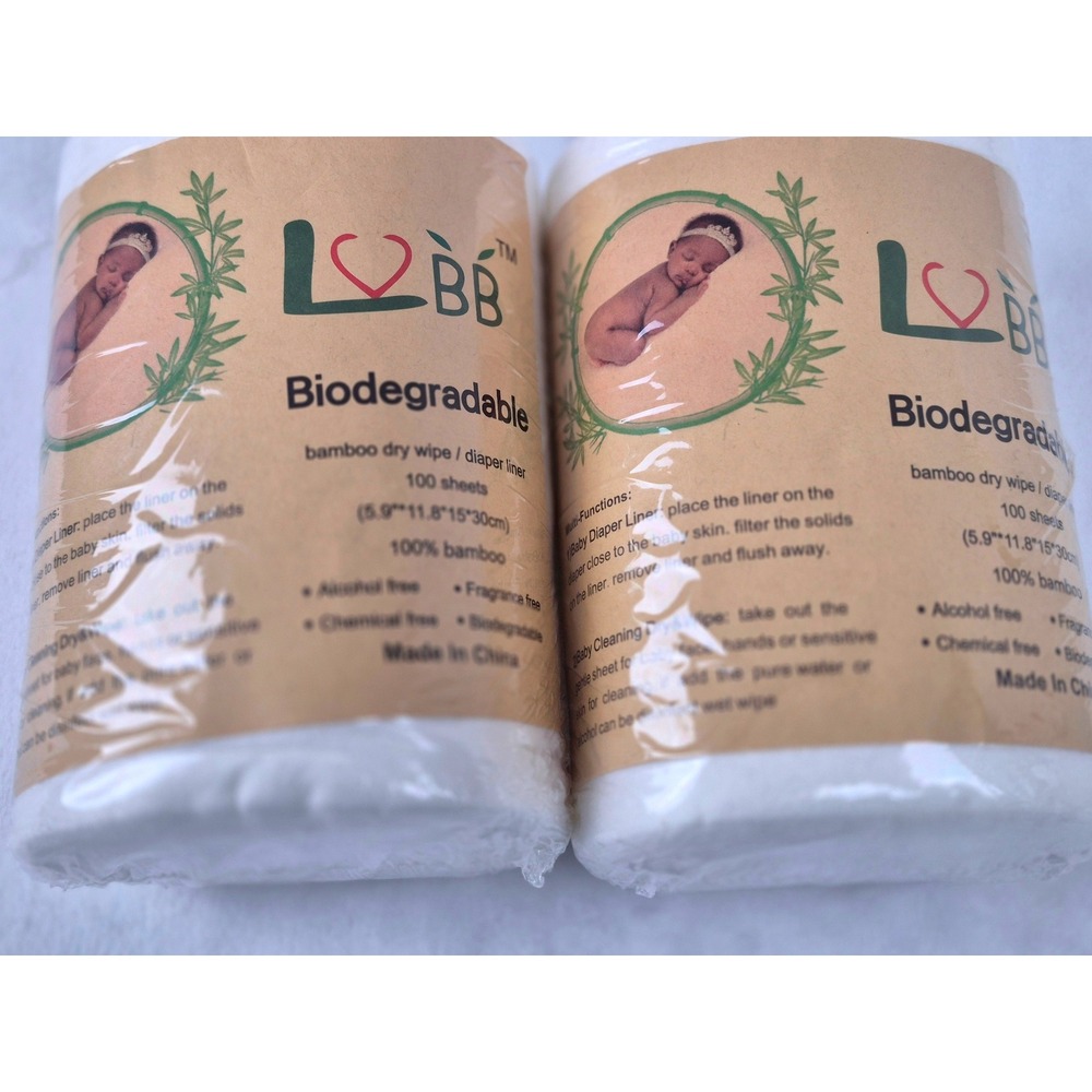 LBB Biodegradable Bamboo Dry Wipe Diaper‎ Liner 100 Sheets 100% Bamboo White 2pk
